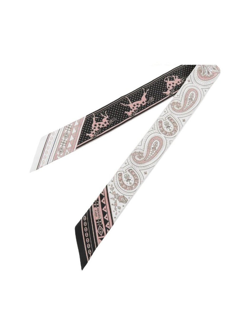 Hermes Twilly 07 Black White View Rose Silk Cheval de Coeur Bandana Scarf